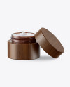 Opened Amber Glass Cosmetic Jar in Wooden Shell Mockup Opened Amber Glass Cosmetic Jar in Wooden Shell Mockup