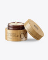 Opened Amber Glass Cosmetic Jar in Wooden Shell Mockup Opened Amber Glass Cosmetic Jar in Wooden Shell Mockup