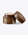 Opened Amber Glass Cosmetic Jar in Wooden Shell Mockup Opened Amber Glass Cosmetic Jar in Wooden Shell Mockup