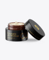 Opened Amber Glass Cosmetic Jar in Wooden Shell Mockup Opened Amber Glass Cosmetic Jar in Wooden Shell Mockup