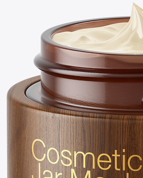 Opened Amber Glass Cosmetic Jar in Wooden Shell Mockup Opened Amber Glass Cosmetic Jar in Wooden Shell Mockup