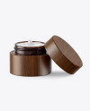 Opened Dark Amber Glass Cosmetic Jar in Wooden Shell Mockup