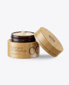 Opened Dark Amber Glass Cosmetic Jar in Wooden Shell Mockup