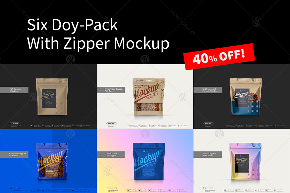 Six Doy-Pack With Zipper Mockup