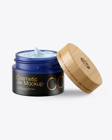 Opened Frosted Blue Glass Cosmetic Jar Mockup