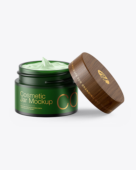 Opened Dark Frosted Green Glass Cosmetic Jar Mockup