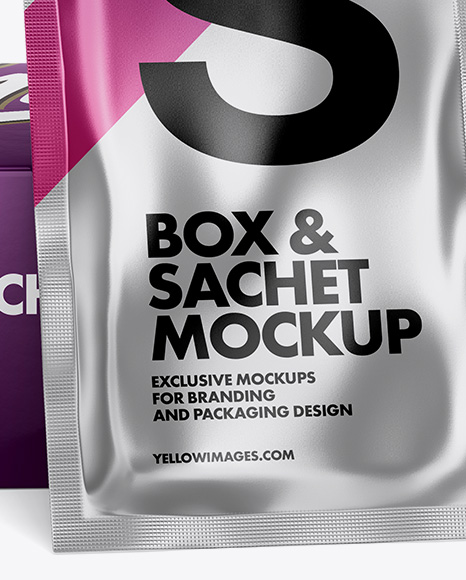 Metallic Sachet with Box Mockup - Front View