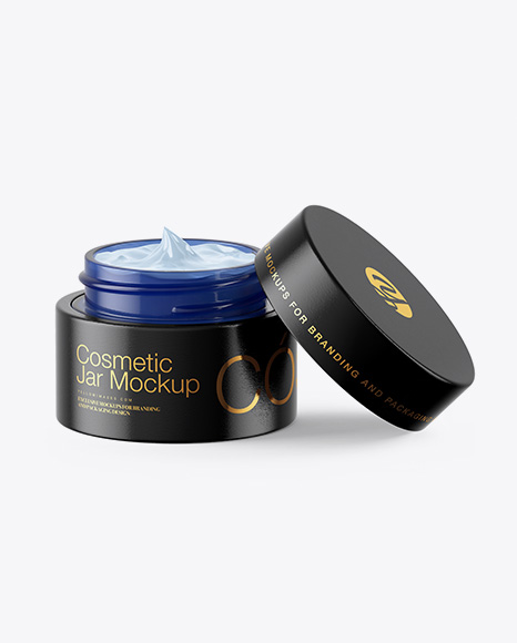 Opened Blue Glass Cosmetic Jar in Wooden Shell Mockup