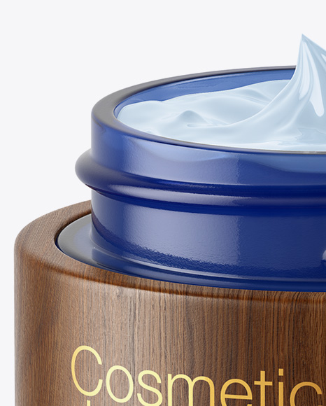 Opened Blue Glass Cosmetic Jar in Wooden Shell Mockup