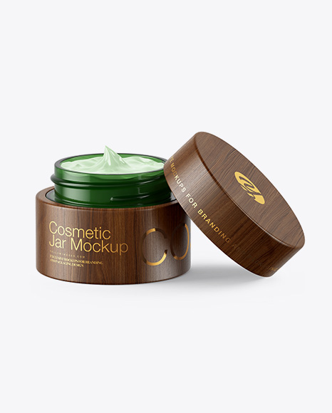 Opened Green Glass Cosmetic Jar in Wooden Shell Mockup