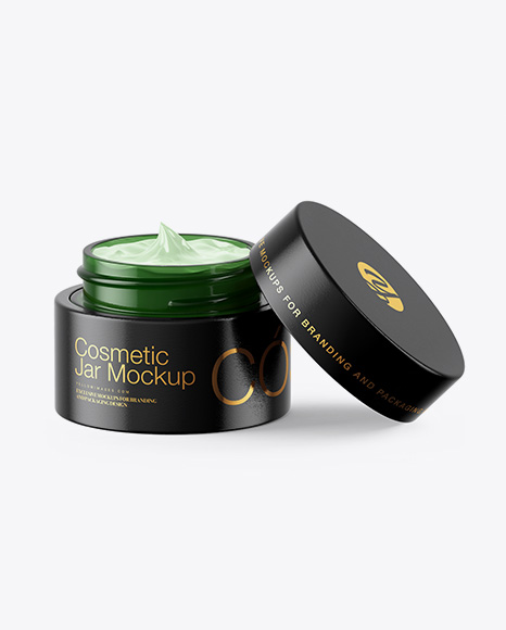 Opened Green Glass Cosmetic Jar in Wooden Shell Mockup