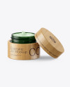 Opened Dark Green Glass Cosmetic Jar in Wooden Shell Mockup Opened Dark Green Glass Cosmetic Jar in Wooden Shell Mockup