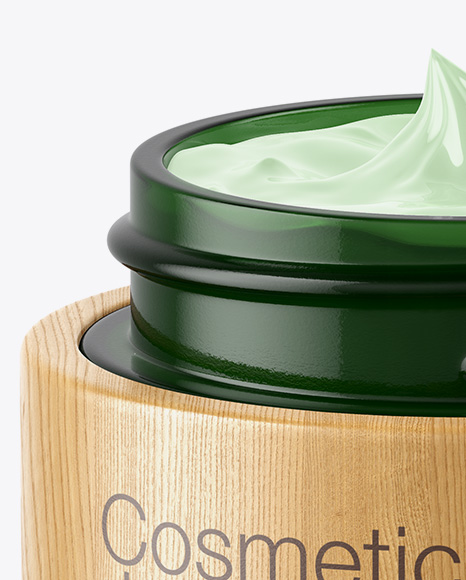 Opened Dark Green Glass Cosmetic Jar in Wooden Shell Mockup Opened Dark Green Glass Cosmetic Jar in Wooden Shell Mockup