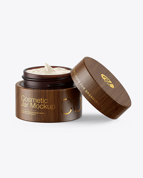 Opened Dark Amber Frosted Glass Cosmetic Jar in Wooden Shell Mockup