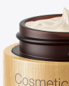 Opened Dark Amber Frosted Glass Cosmetic Jar in Wooden Shell Mockup