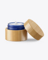 Opened Blue Frosted Glass Cosmetic Jar in Wooden Shell Mockup