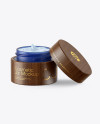 Opened Blue Frosted Glass Cosmetic Jar in Wooden Shell Mockup