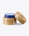 Opened Blue Frosted Glass Cosmetic Jar in Wooden Shell Mockup