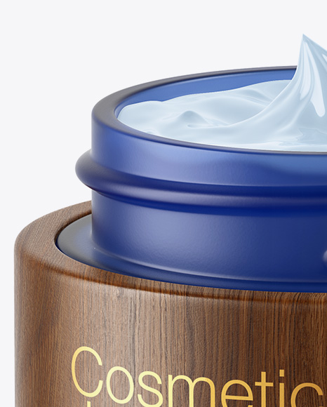 Opened Blue Frosted Glass Cosmetic Jar in Wooden Shell Mockup