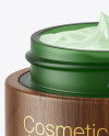 Opened Green Frosted Glass Cosmetic Jar in Wooden Shell Mockup