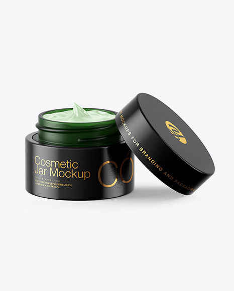 Opened Dark Green Frosted Glass Cosmetic Jar in Wooden Shell Mockup Opened Dark Green Frosted Glass Cosmetic Jar in Wooden Shell Mockup