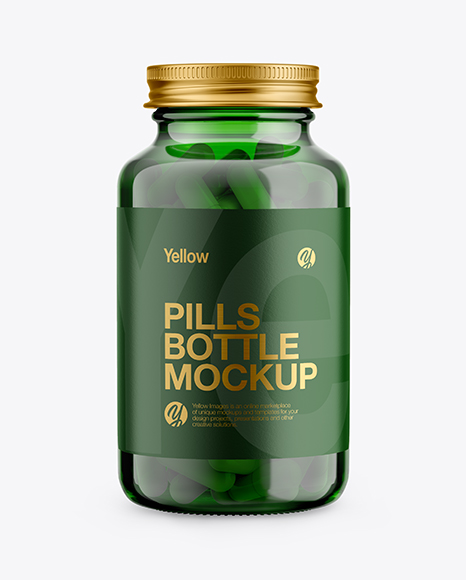 Green Glass Bottle With Pills Mockup