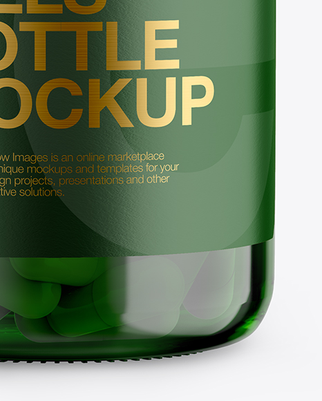 Green Glass Bottle With Pills Mockup