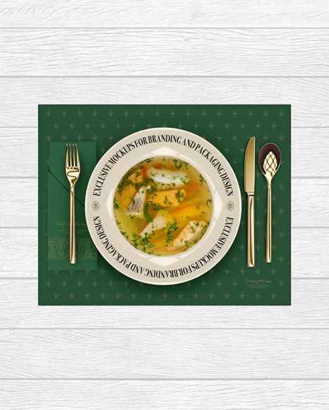 Plate with Fish Soup and Cutlery Mockup - Top View