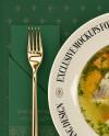 Plate with Fish Soup and Cutlery Mockup - Top View