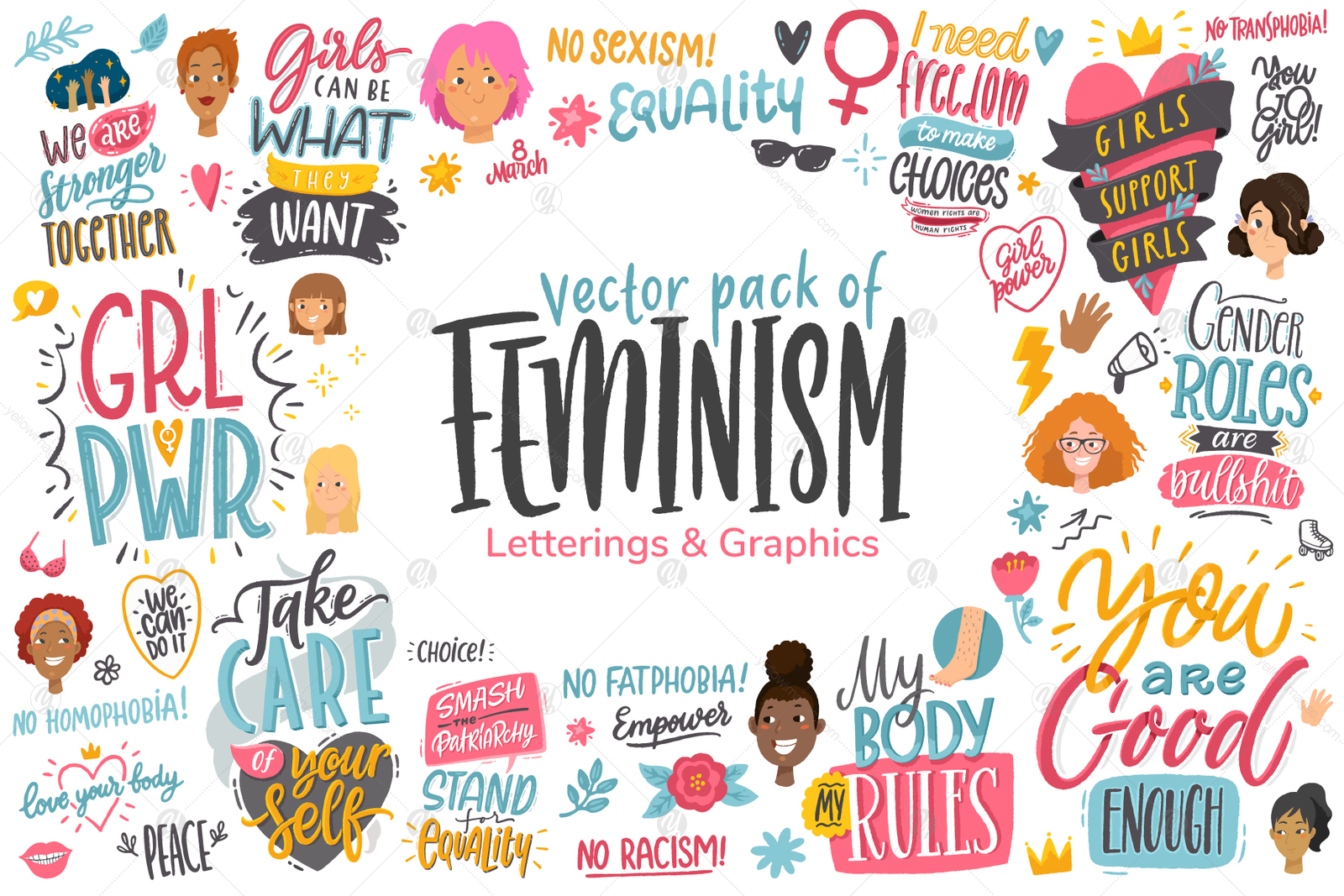 Feminism, vector letterings+graphics