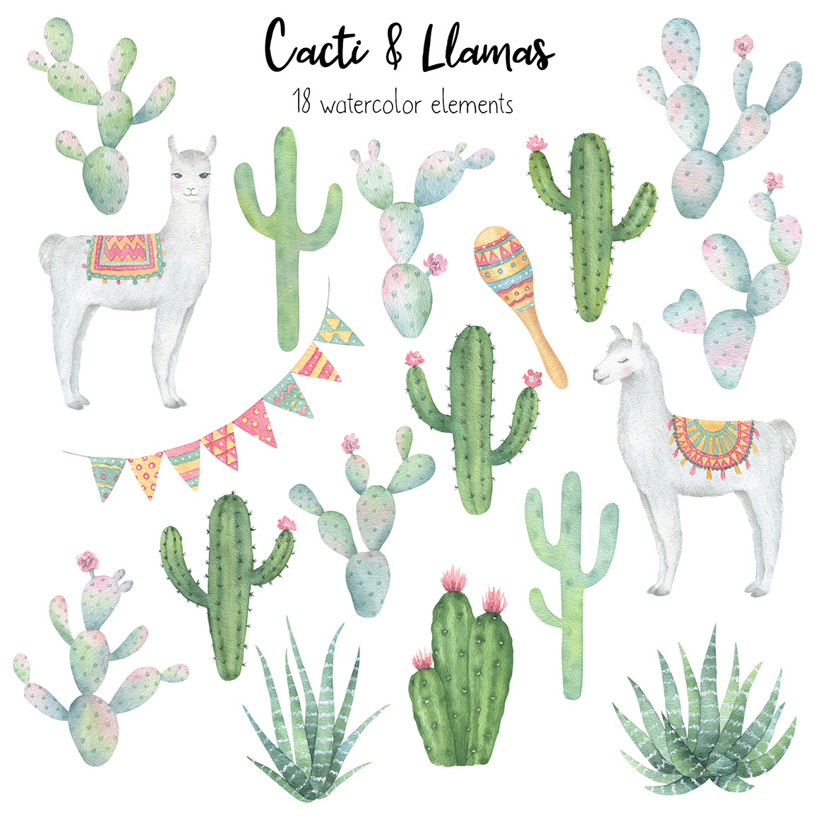 Cactus and Llama watercolor clipart and patterns