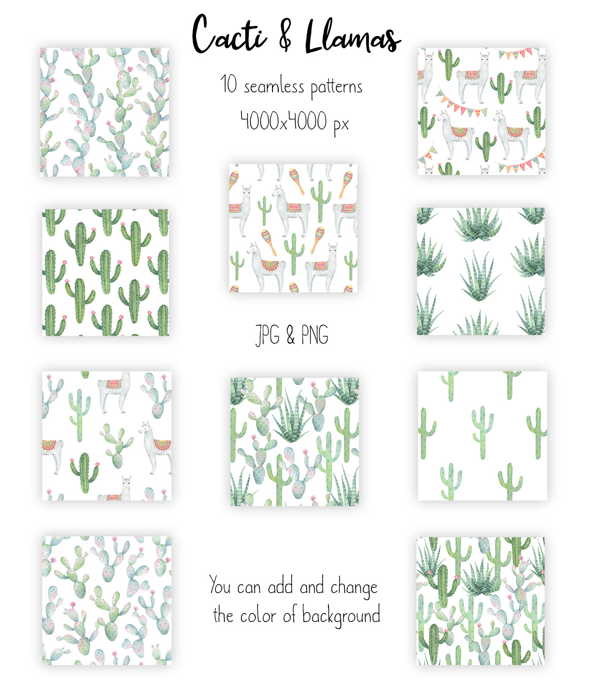 Cactus and Llama watercolor clipart and patterns