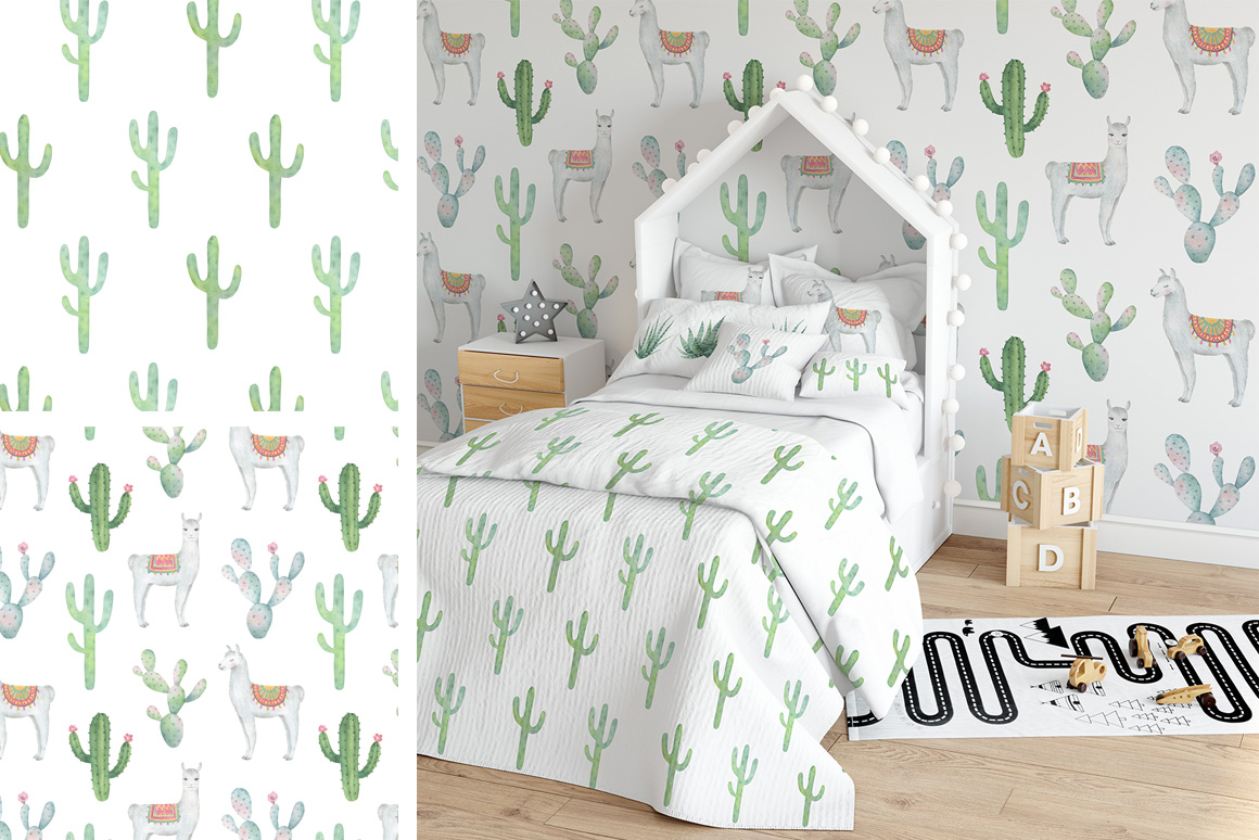 Cactus and Llama watercolor clipart and patterns