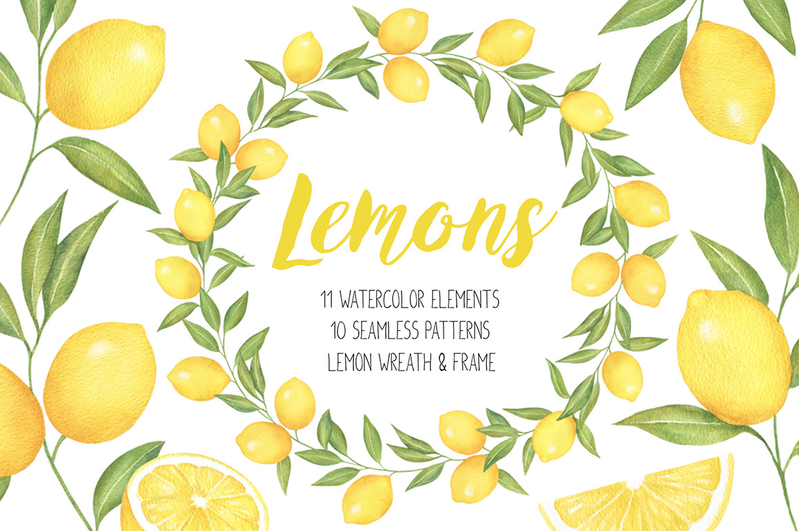 Lemon and Citrus Watercolor Clipart, Lemon wreath, seamless pattern Lemon and Citrus Watercolor Clipart, Lemon wreath, seamless pattern