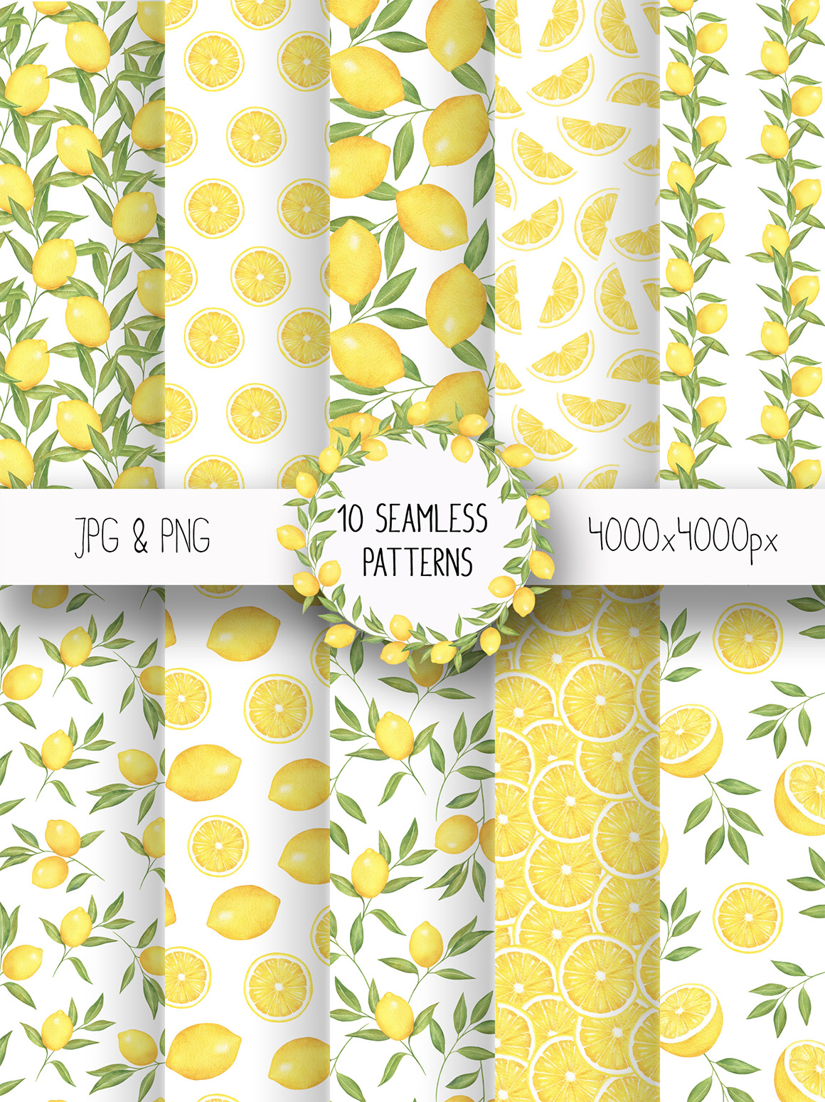 Lemon and Citrus Watercolor Clipart, Lemon wreath, seamless pattern Lemon and Citrus Watercolor Clipart, Lemon wreath, seamless pattern