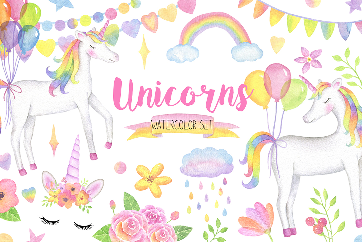 Magical Unicorn Watercolor Set, Unicorn Face Clipart, Rainbow Clipart