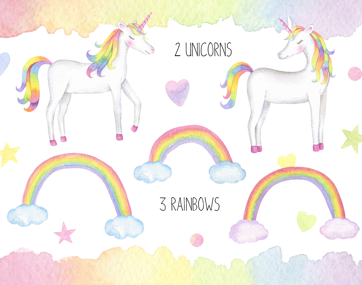 Magical Unicorn Watercolor Set, Unicorn Face Clipart, Rainbow Clipart