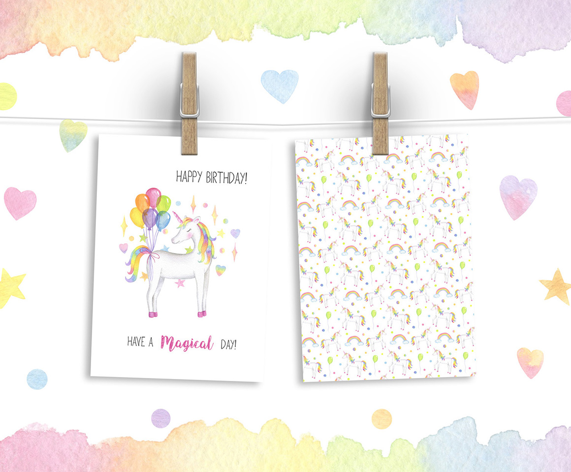 Magical Unicorn Watercolor Set, Unicorn Face Clipart, Rainbow Clipart