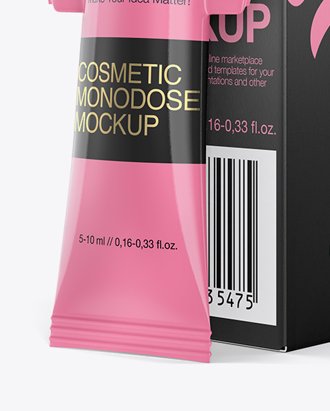 Glossy Plastic Cosmetic Monodose and Paper Box Mockup