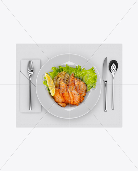 Plate with Fillet Of Red Fish and Cutlery Mockup - Top View