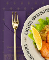 Plate with Fillet Of Red Fish and Cutlery Mockup - Top View