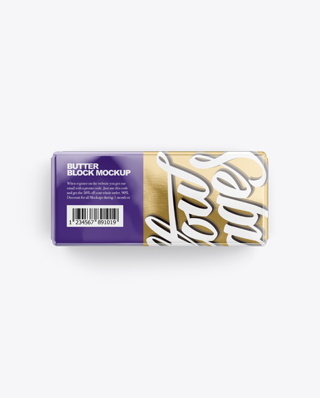 250g Butter Block In Metallic Foil Wrap Mockup - Front, Top & Side