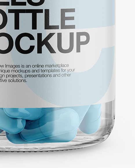 Clear Glass Bottle With Pills Mockup - Front View