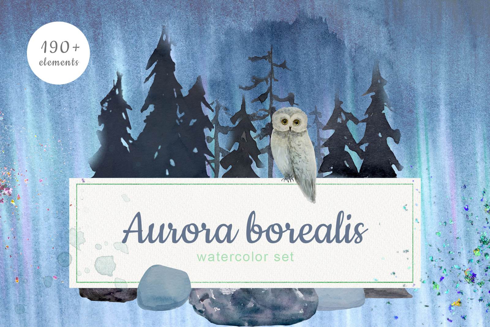 Aurora borealis. Watercolor set