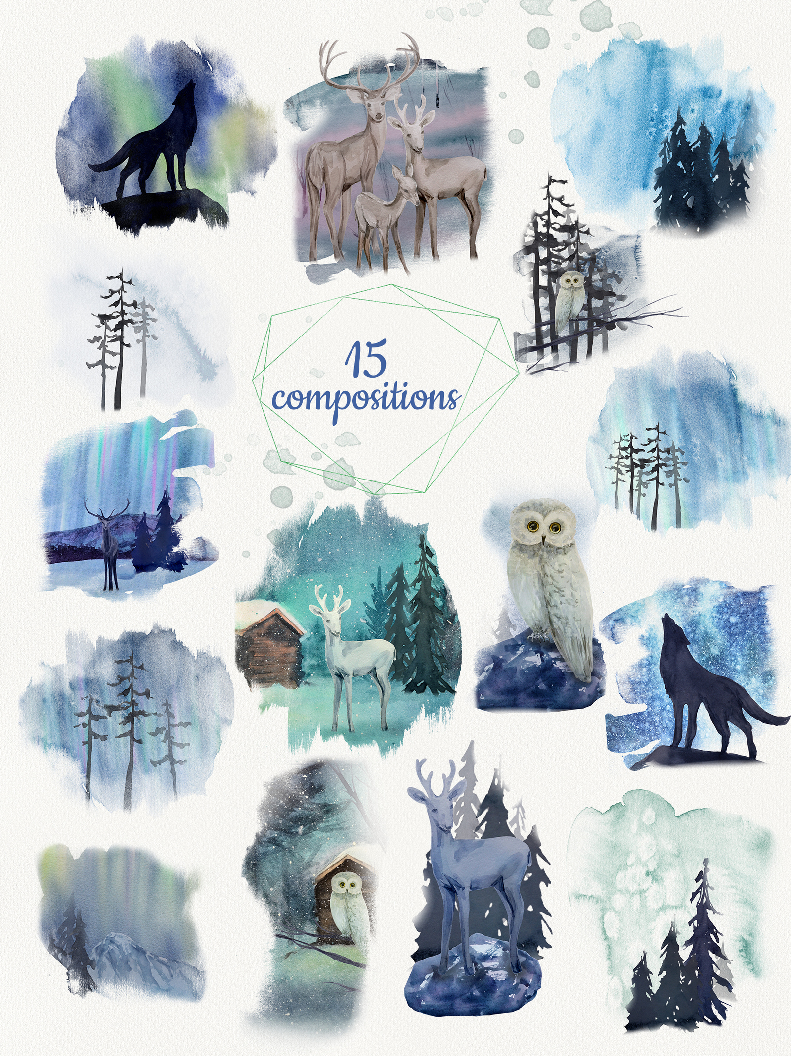 Aurora borealis. Watercolor set Aurora borealis. Watercolor set