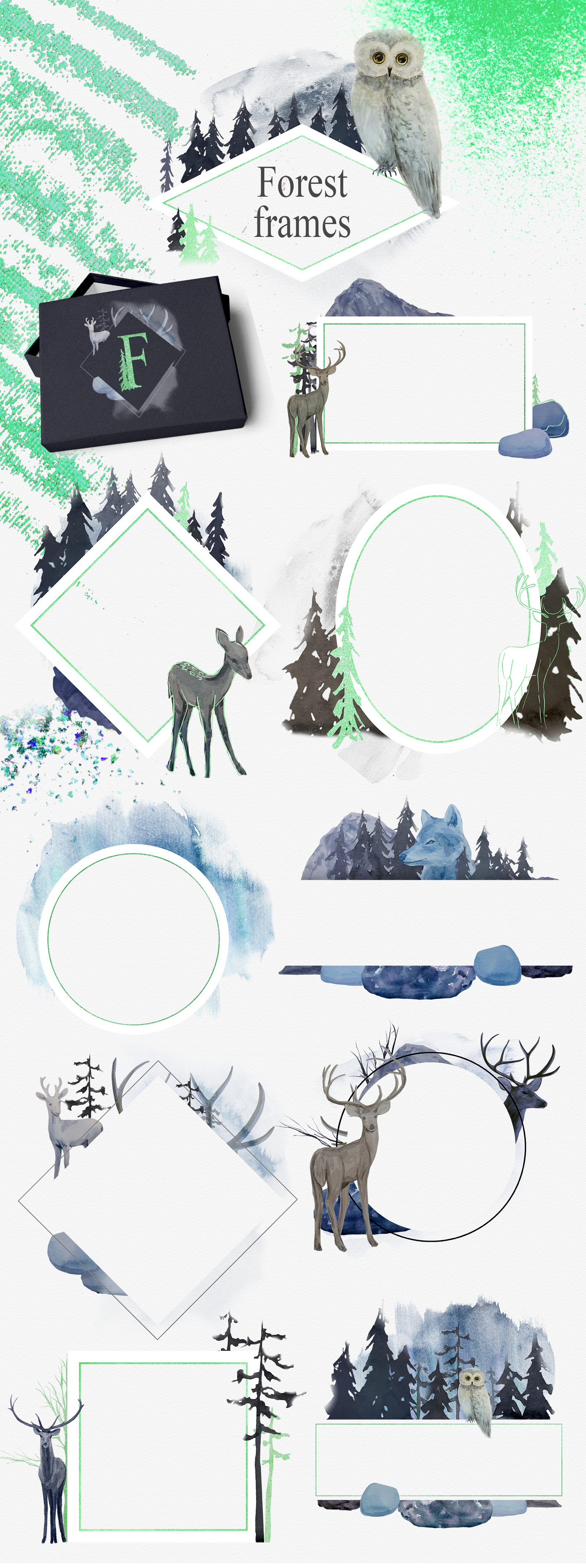 Aurora borealis. Watercolor set Aurora borealis. Watercolor set