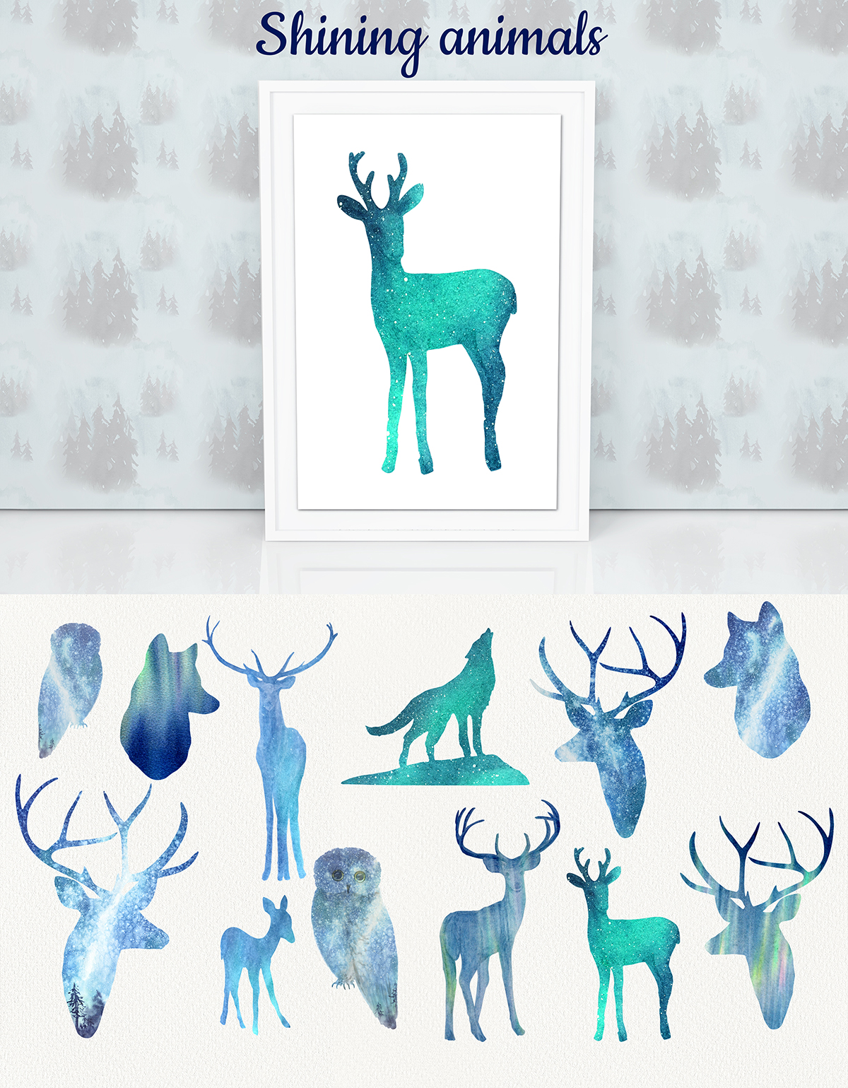 Aurora borealis. Watercolor set Aurora borealis. Watercolor set