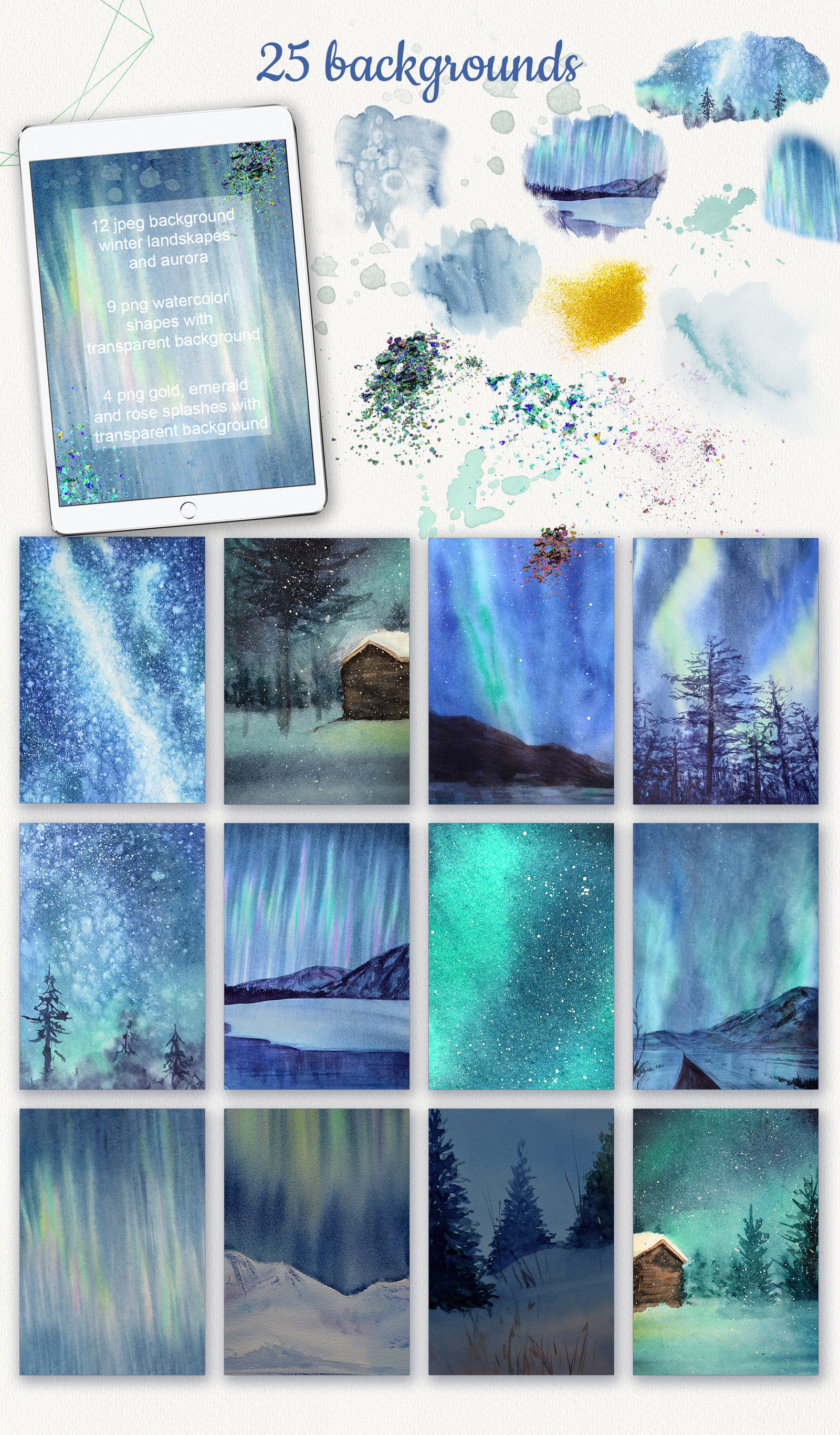 Aurora borealis. Watercolor set Aurora borealis. Watercolor set