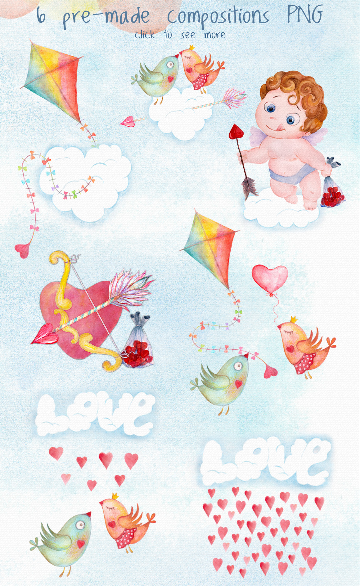 Valentines day love watercolor set