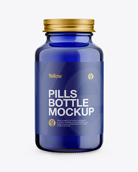 Blue Glass Pills Bottle Mockup - Front View